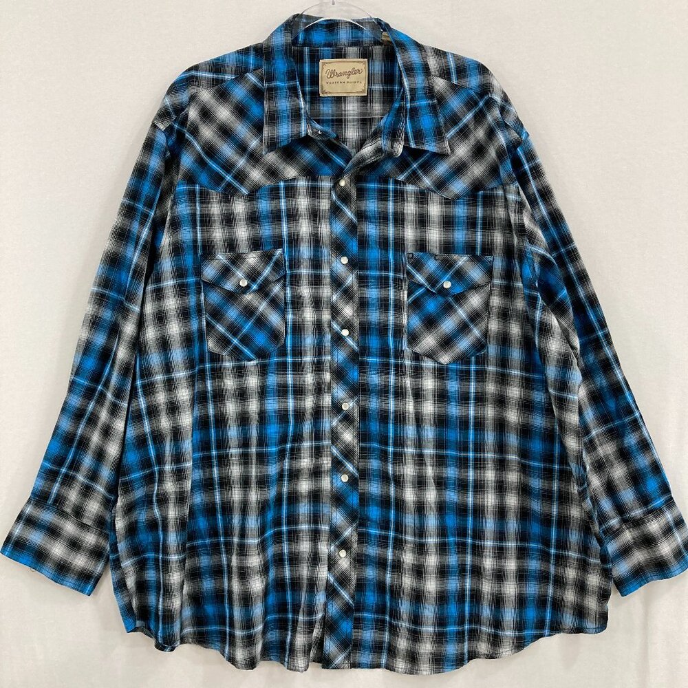 Wrangler Western Shirt Mens size 3XL Blue Black Plaid‎ Snap Button Long Sleeve